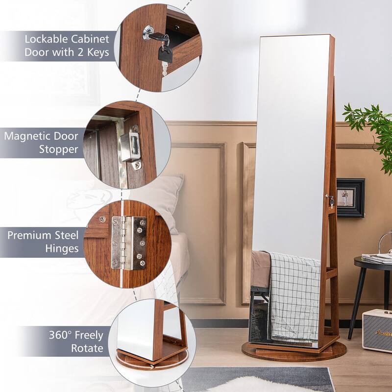 Gymax Rotating Mirrored Jewelry Cabinet with Mirror Storage Shelves