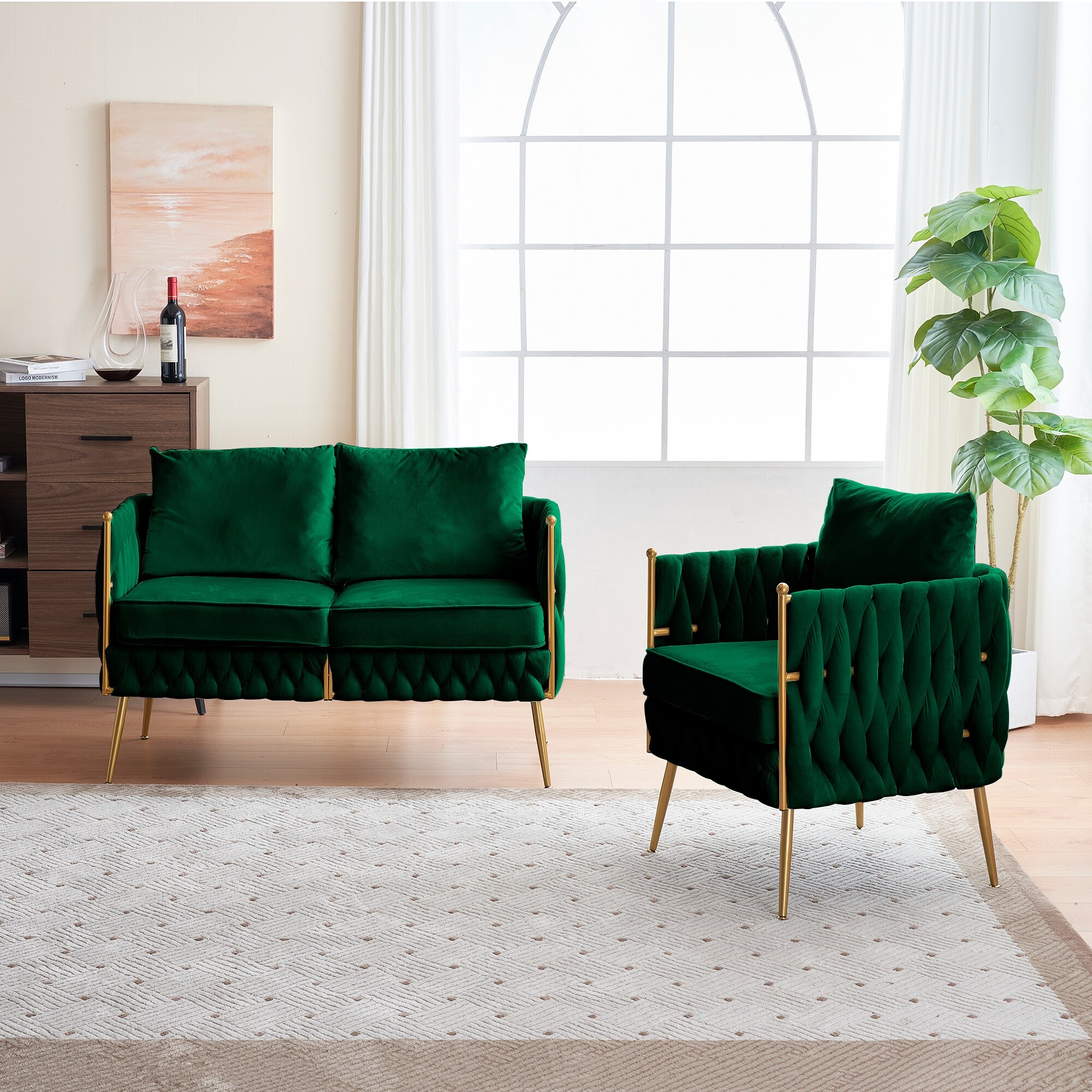 Green loveseat and top chair