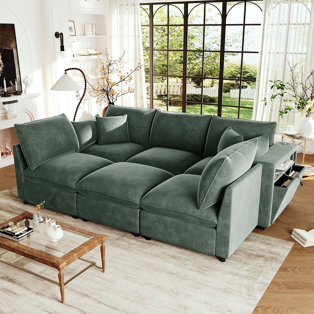 Smooth Chenille Sectional Sofa U-Shaped Modular Sofa Bed L-Shaped Couch with Movable Ottoman, Storage Armrests and USB Ports