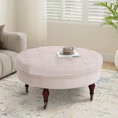 Maypex 32-inch Tufted Velvet Round Cocktail Ottoman with Wheels
