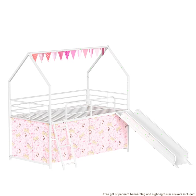 Kids' Twin Loft Bed with Slide, Curtain Set, Banner Flag, and Star Stickers in Multiple Colors