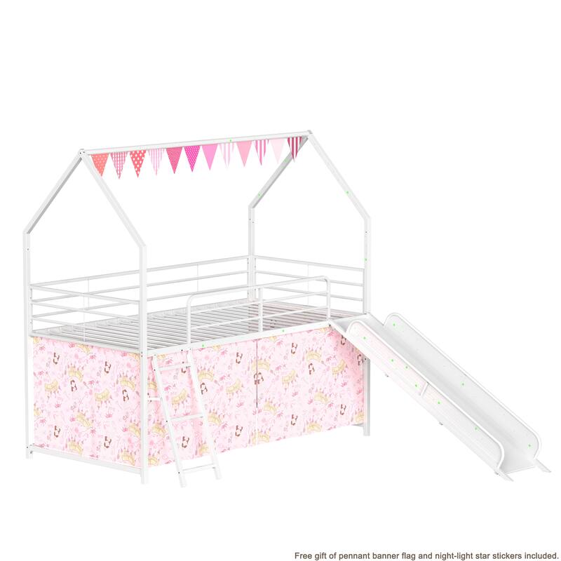 Metal Junior House Twin Loft Bed with Slide and Curtain Set and Pennant Banner Flag and Star Stickers