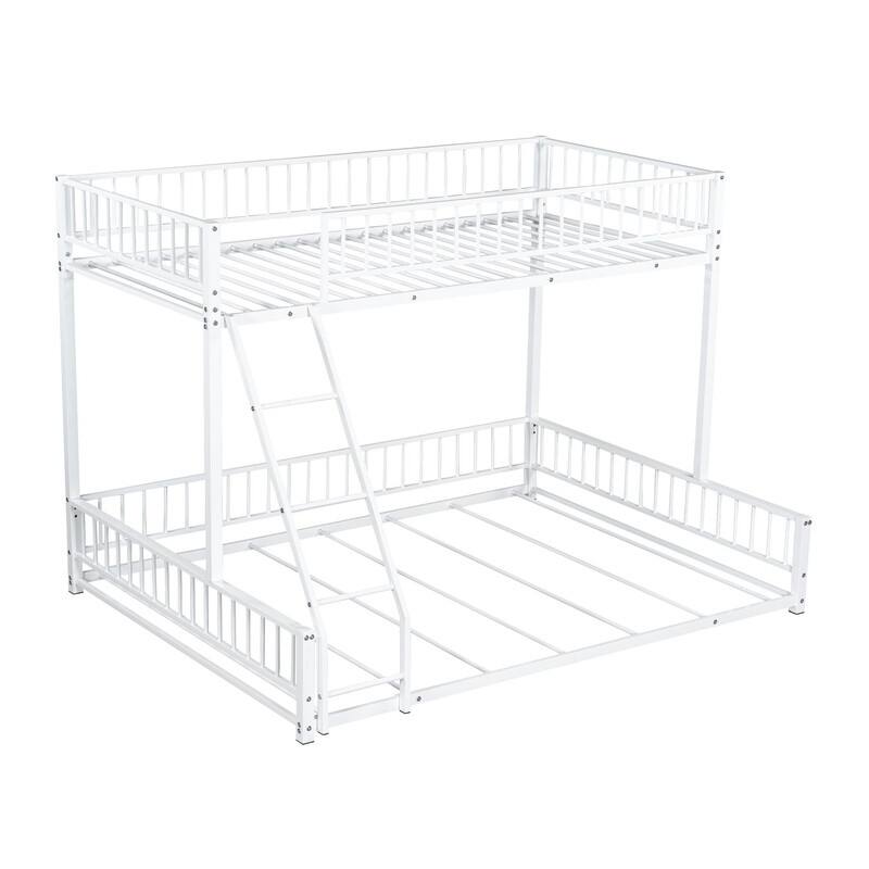Twin/Full XL over Queen Size Metal Bunk Bed with Ladder and Safety Guardrails, Convertible Bed Frame to Two Floor Beds