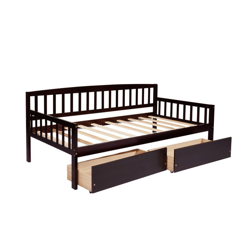 Espresso Modern Twin Size Pine Wooden Daybed with Two Storage Drawers for Bedroom