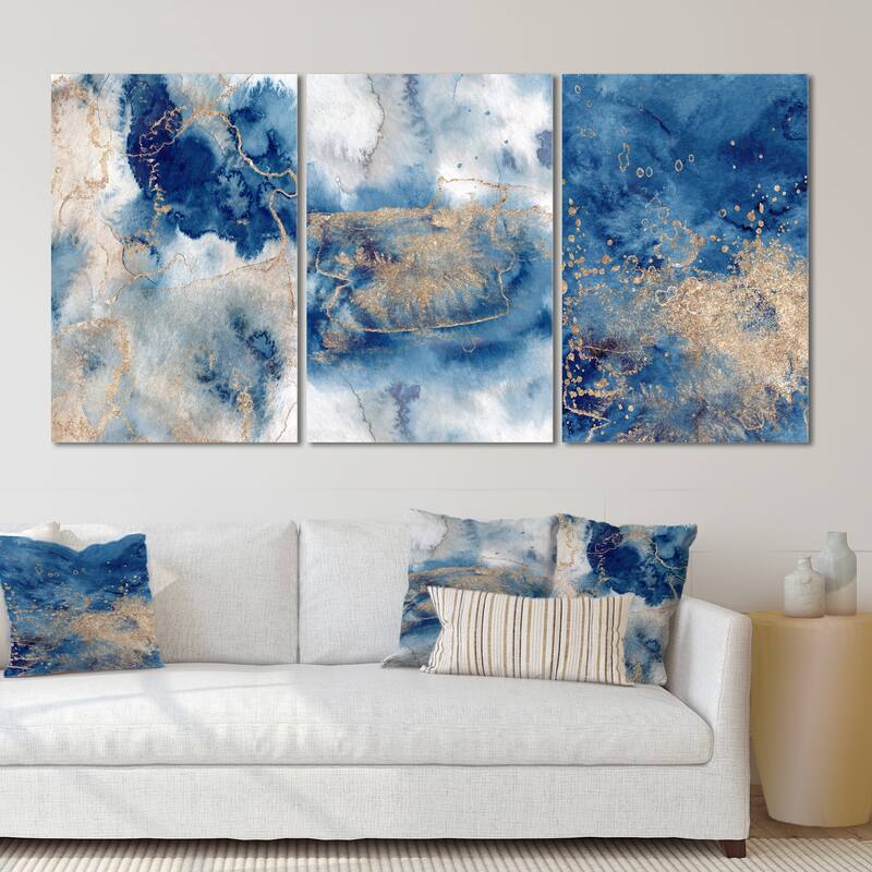 Designart 'Blue And Gold Marble Clouds III' Modern Art Set of 3 Pieces - 72 in. Wide x 36 in. High