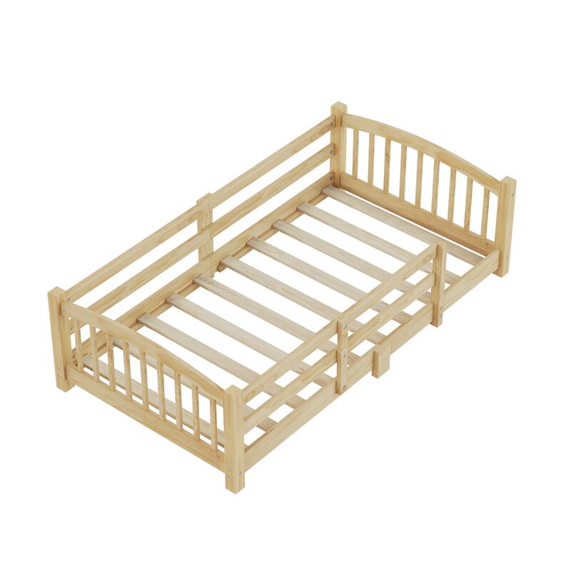 Solid Wood Floor Bed Montessori Bed with Safety Guardrails Without Door