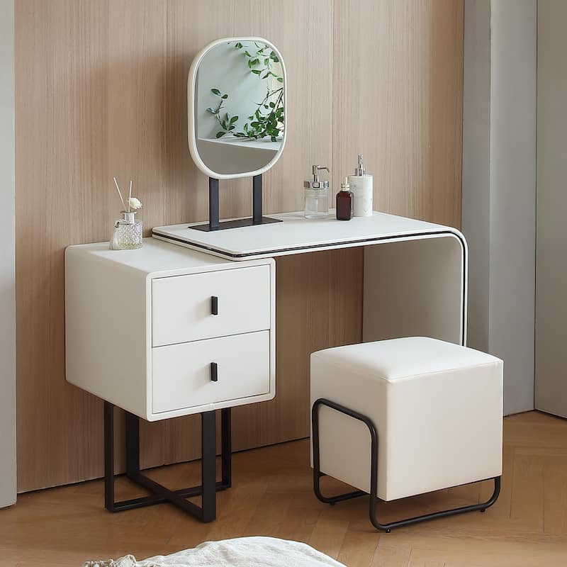 FUKAYI Faux Leather Makeup Vanity Desk Set with Stool Small Vanity Makeup Mirror Desk