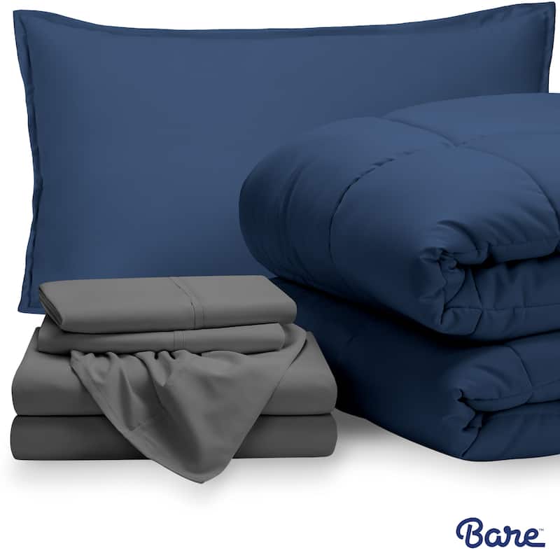 Bare Home Bed-in-a-Bag Down Alternative Comforter & Sheet Set - Dark Blue/Grey - Twin
