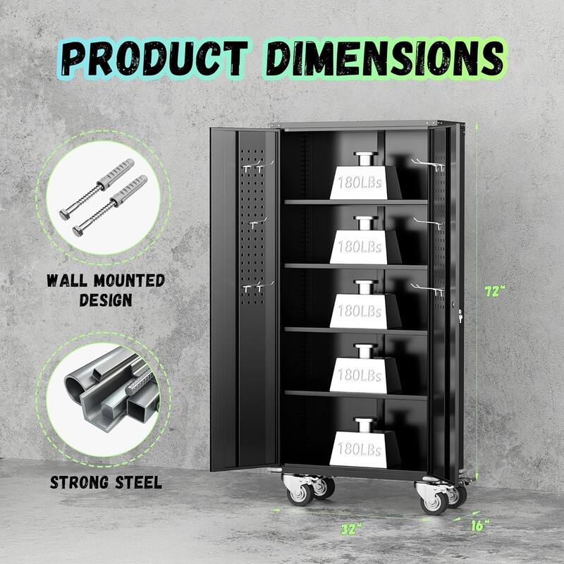 75 inch Metal Garage Storage Rolling Tool Cabinet with Locking Doors and Adjustable Shelves