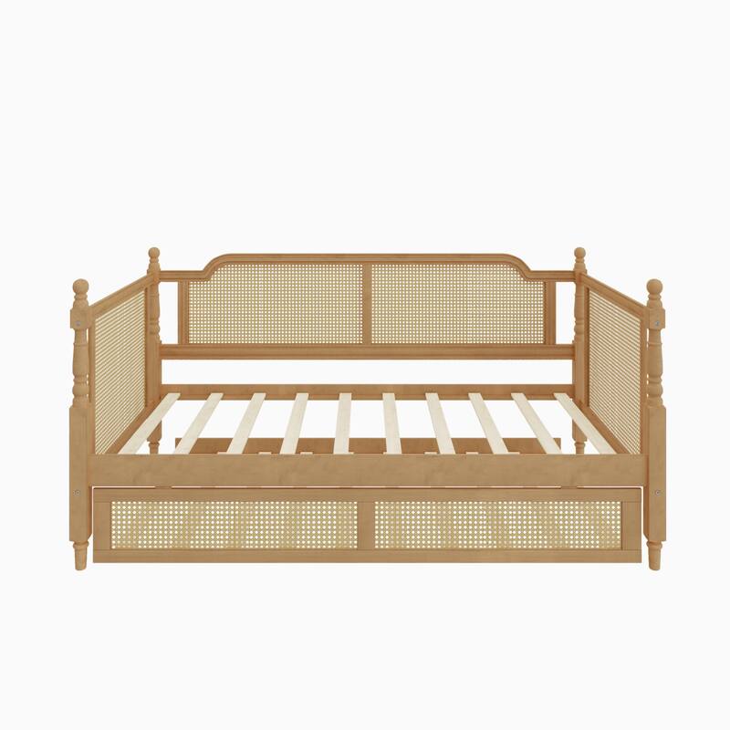 Rattan Frame Daybed with Pull-out Storage Drawers Bookcase Bed - Wooden Sofa Bed with Trundle Bed Platform Bedframe - Open Bed