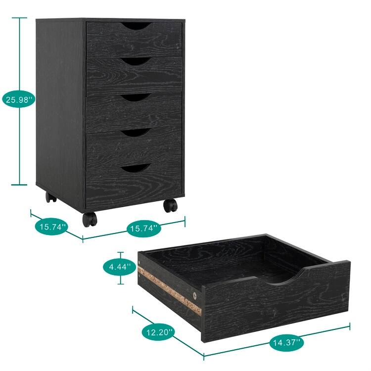 5 Drawers Chest, Wood Storage Dresser with Wheels, Craft Storage Organizer and Storage Drawer Office Drawer Unit