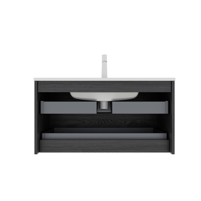 36" Floating Bathroom Vanity, White Ceramic Basin, Wall-Mounted Plywood Cabinet with 2 Soft-Close Drawers and Drain