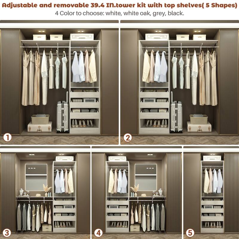 20"-60" Closet System with 3 Wooden Drawers and Sturdy Shelves and Retractable Rods
