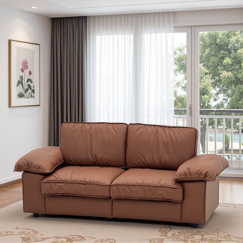 Leather Compact Sofa Couch with Hidden Storage, Minimalist 2-Seater Loveseat Sofa Couch with Pillow Armrests