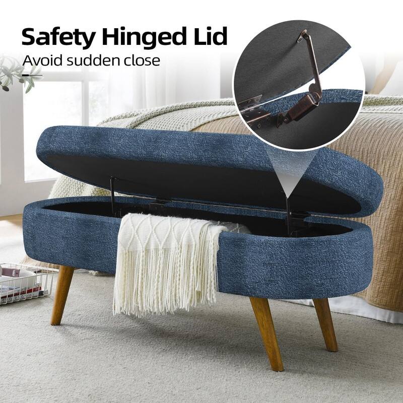 44" Beige Boucle Storage Ottoman Bench for Living Room Bedroom,Oval Storage Bench Ottoman Foot Rest Wood Legs