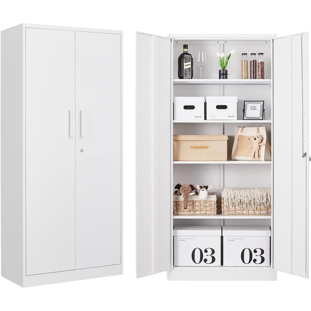 71 Inch Locking Metal Storage Cabinet with 5 Adjustable Shelves, White