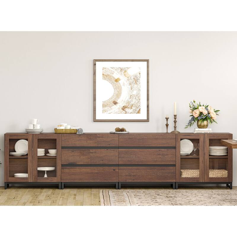 4 in 1 Modern Sideboard with Glass Doors and 6 Drawers Adjustable Shelves Coffee Bar Storage Cabinet for Living Room, Kitchen