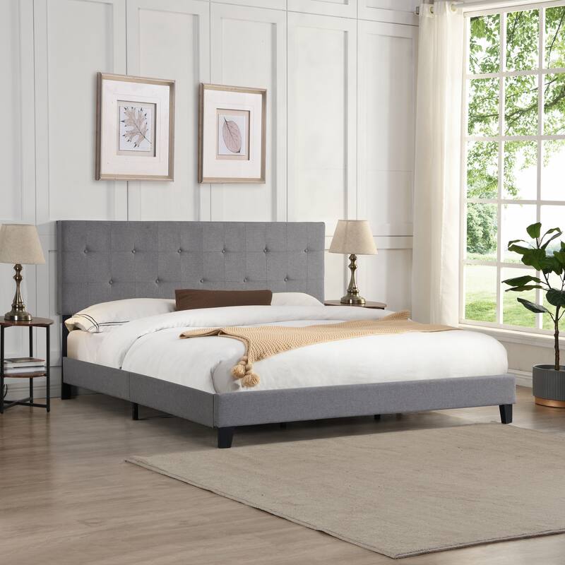 Grey Queen Size Upholstered Platform Bed with Pull Point Tufted Headboard and Strong Wood Slat Support