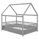 preview thumbnail 5 of 5, Full Size Floor Wooden Bed with House Roof Frame and Fence Guardrails