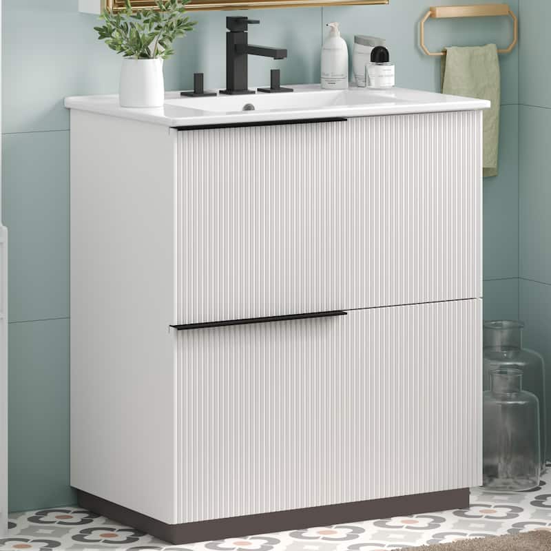 30" Bathroom Vanity with Ceramic Sink - Full-Extension Drawers, Soft-Close Slides, Fluted Design - White