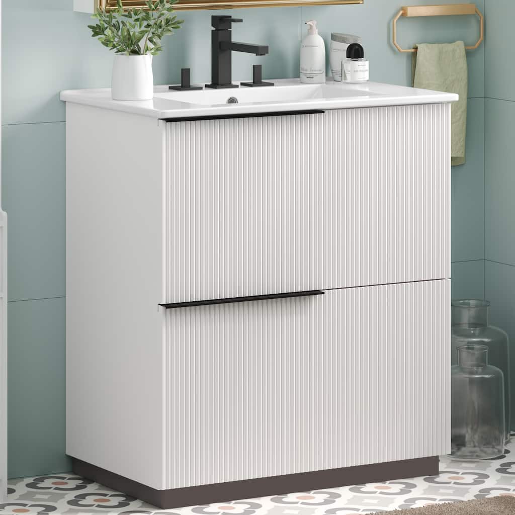 30" Bathroom Vanity with Ceramic Sink - Full-Extension Drawers, Soft-Close Slides, Fluted Design
