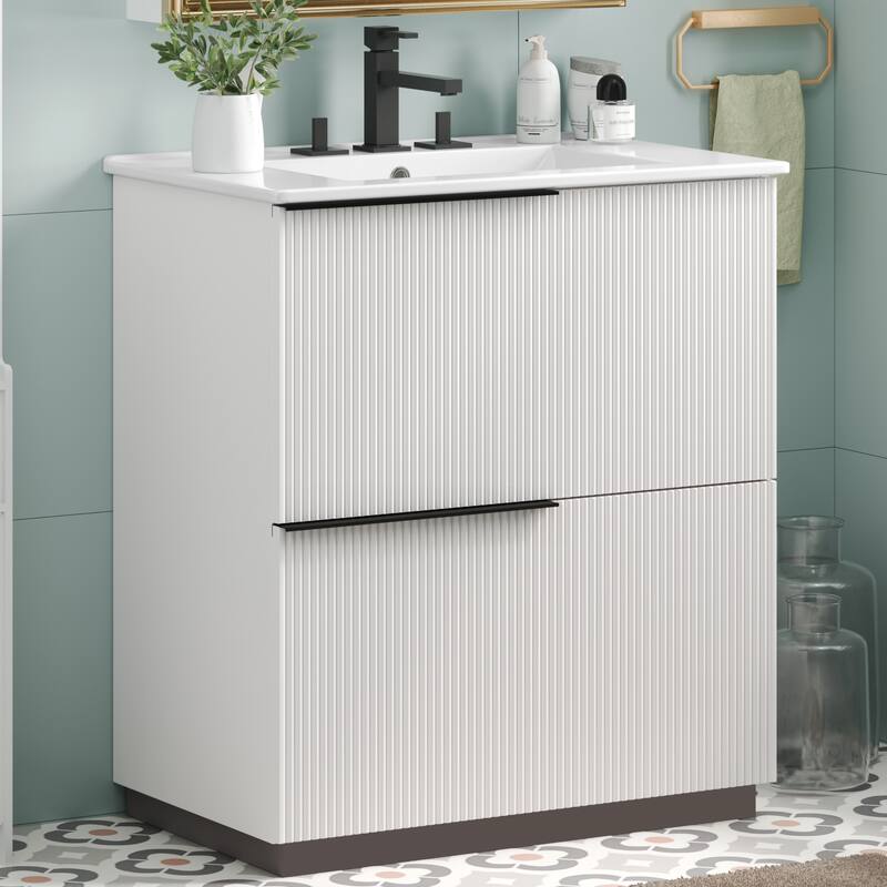 30" Bathroom Vanity with Ceramic Sink and Full-Extension Drawers, Soft Close Undermount Drawer Slides, Fluted Design, Natural - White