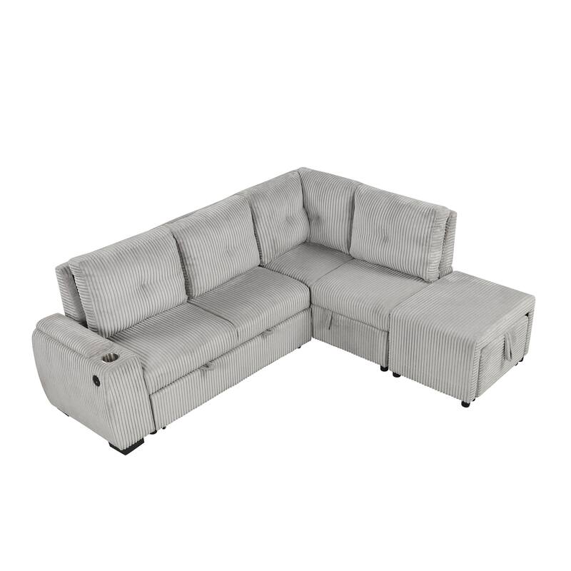 94" L-shaped Sectional Sofa Bed with Ottoman, Storage, Cup Holder & USB Ports (Light Grey Corduroy)