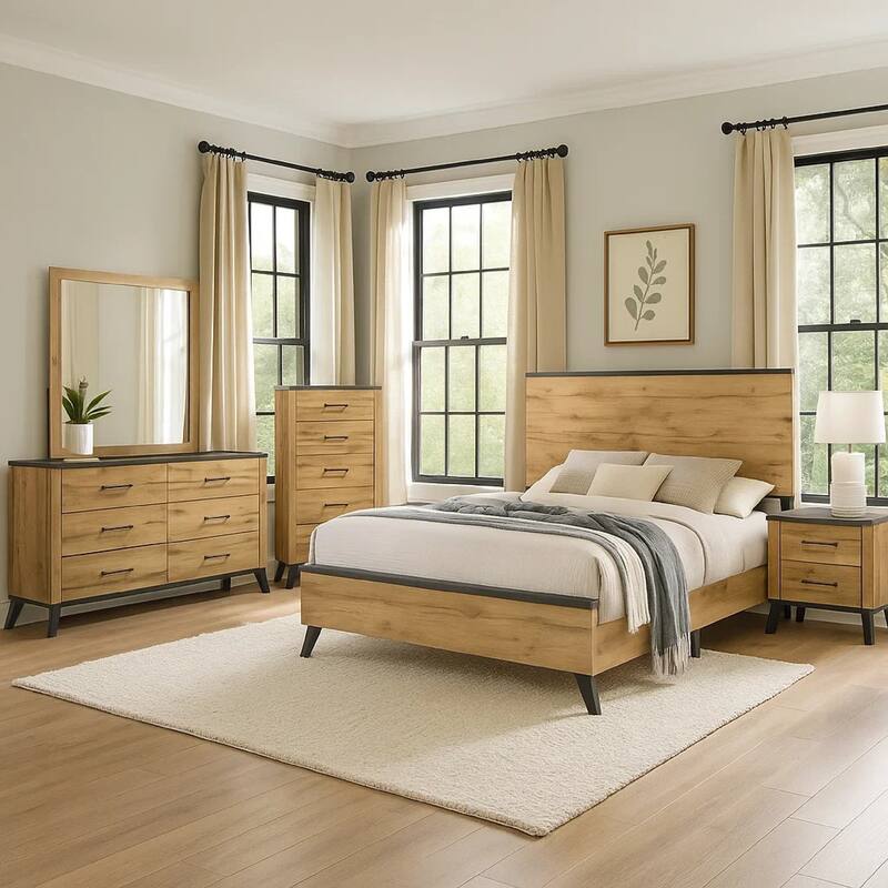Wemy 5 Piece Full Size Bed Set, Rustic Brown Pine Wood, Tapered Legs