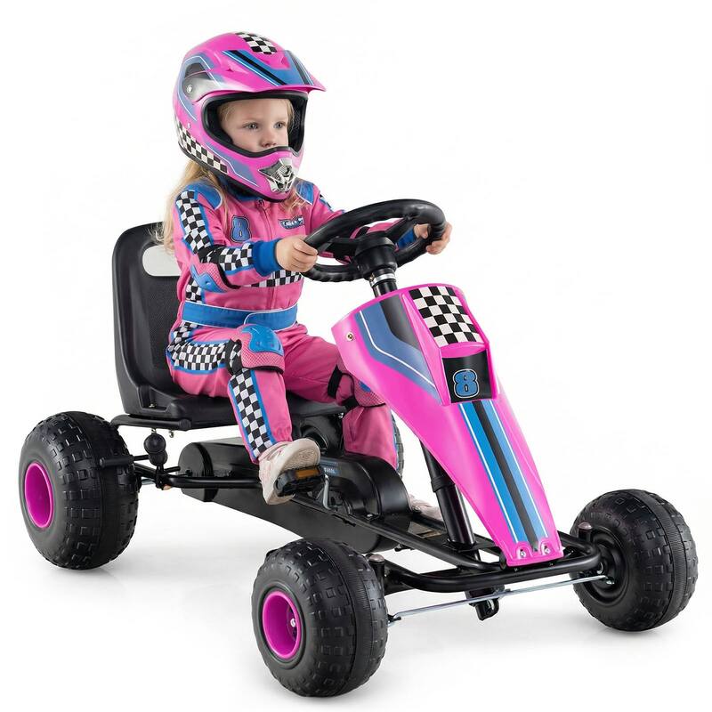 Gymax Pedal Go Kart for Kids 4-Wheel Ride On Toy w/ Steering Wheel & - Pink
