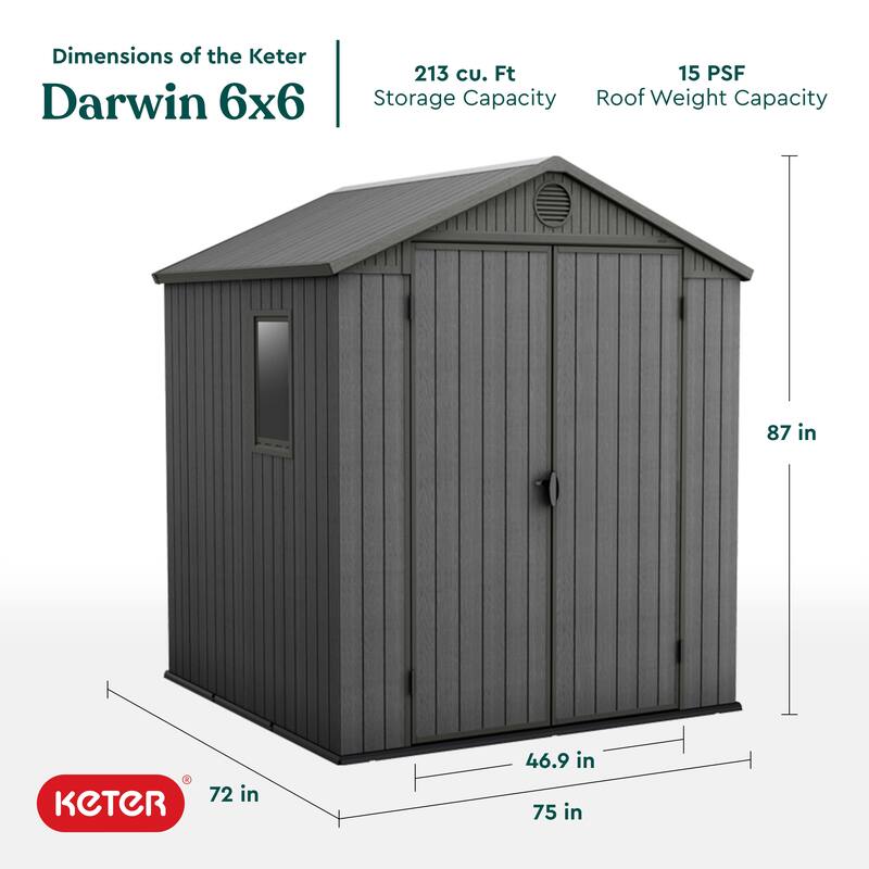 Keter Darwin 6x6 ft. Resin Outdoor Storage Shed With Floor for Patio Furniture and Tools, Graphite - 6x6 FT