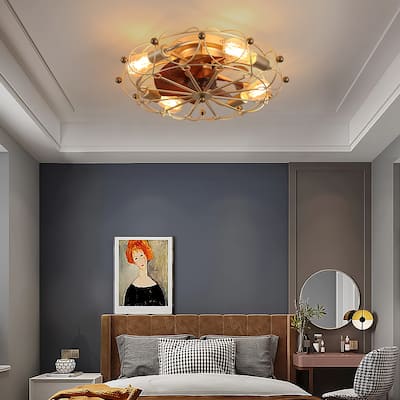 Modern Flush Mount Ceiling Fan Light with Light and Remote Control, Cage Design for Bedroom and Living Room