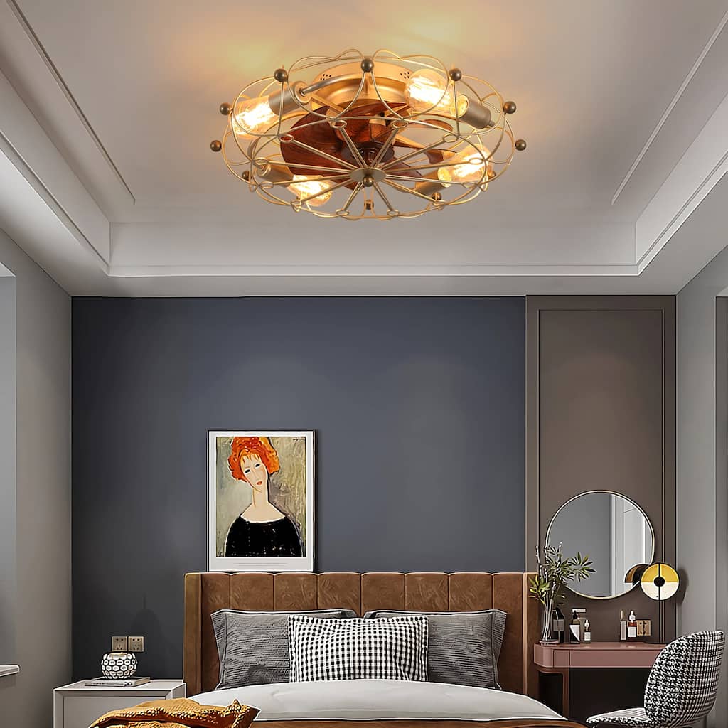 Modern Flush Mount Ceiling Fan Light with Light and Remote Control, Cage Design for Bedroom and Living Room