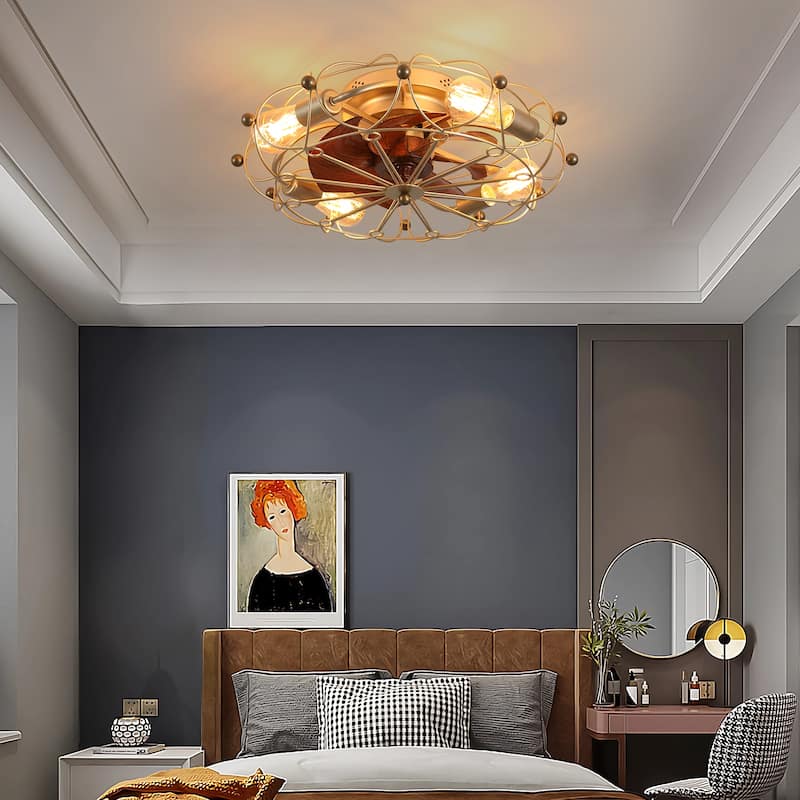 Sofucor 20 Inch Caged Flush Mount Ceiling Fan with Light and Remote Control,6 Speeds,Low Profile,for Bedroom,Living Room - Gold