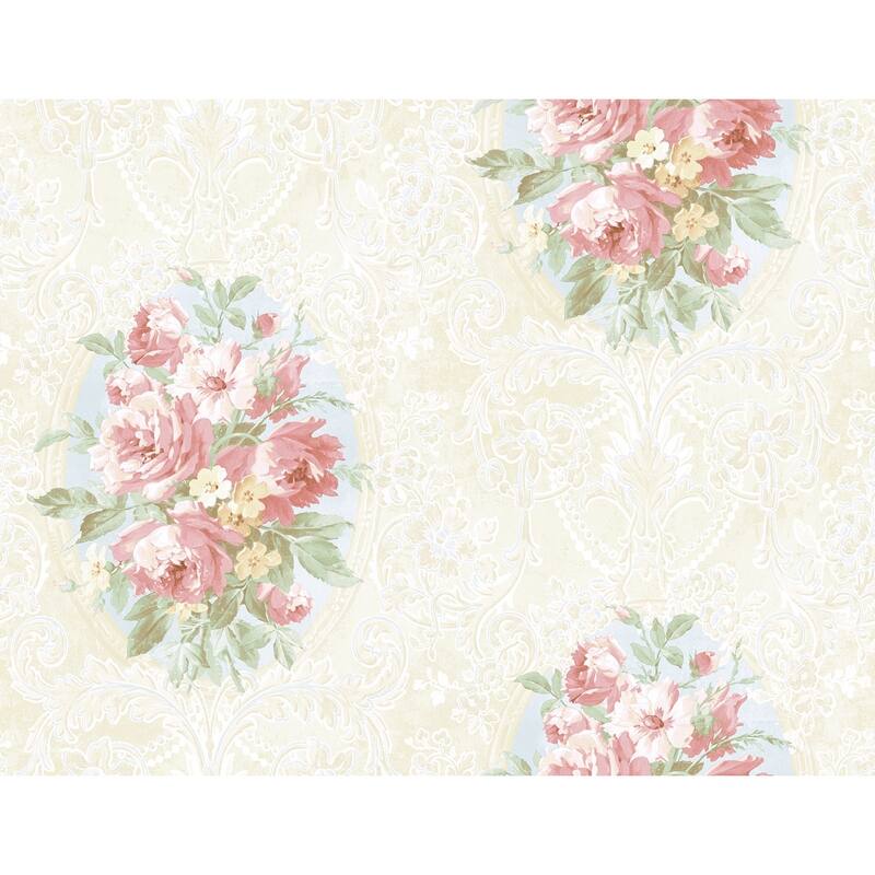 Seabrook Designs Vivienne Floral Cameo Unpasted Wallpaper - 27 in. W x 27 ft. L - Metallic Buttercream & Petal Pink