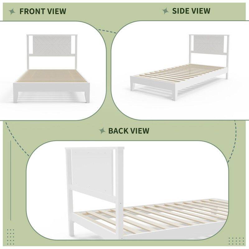 Twin Size Deluxe Bed Frame with Headboard with Solid Wood, No Box Spring Needed, Easy Assembly, White