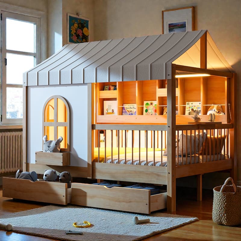 Full Size Kids House Bed with 2 Storage Drawers, Side Bookshelf with LED Strip, Guardrails and Charging Station