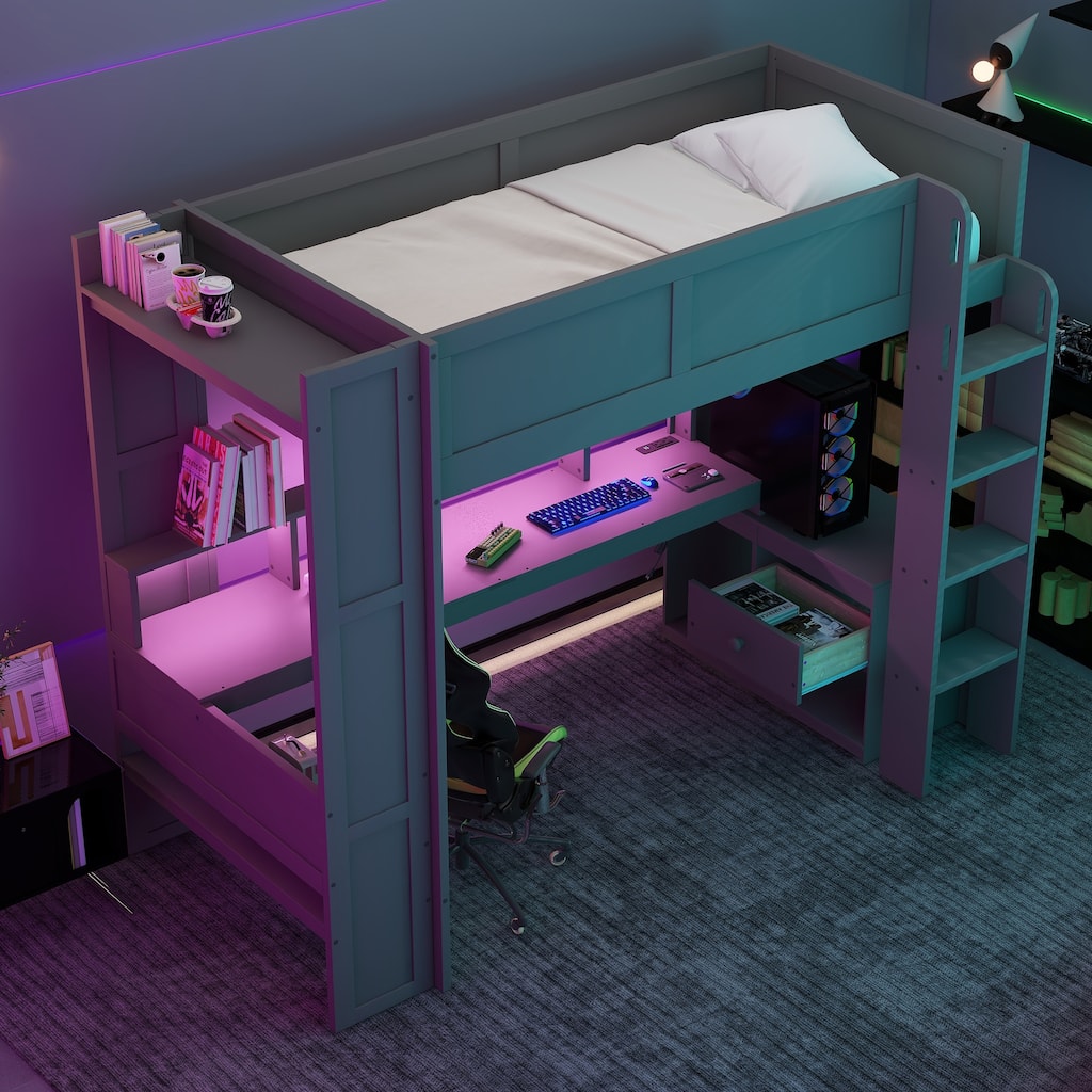 Dark Gray Frame Gaming Loft Bed Wood Bed wDesk, LED, Charging Station