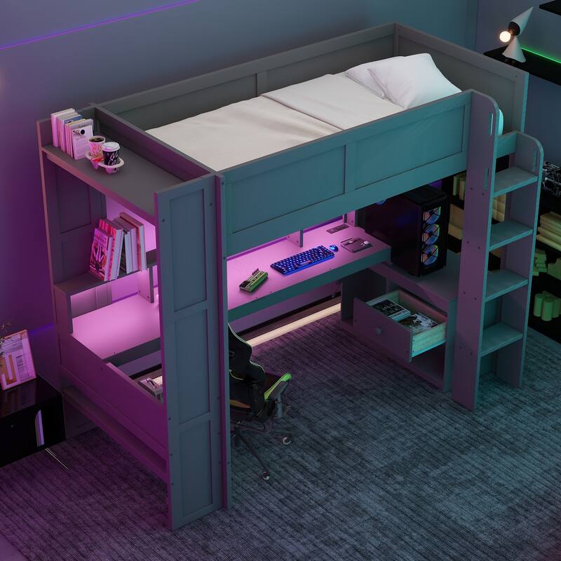 Gaming Loft Bed With Desk, Multi-Storage Shelves, Led And Charging Station