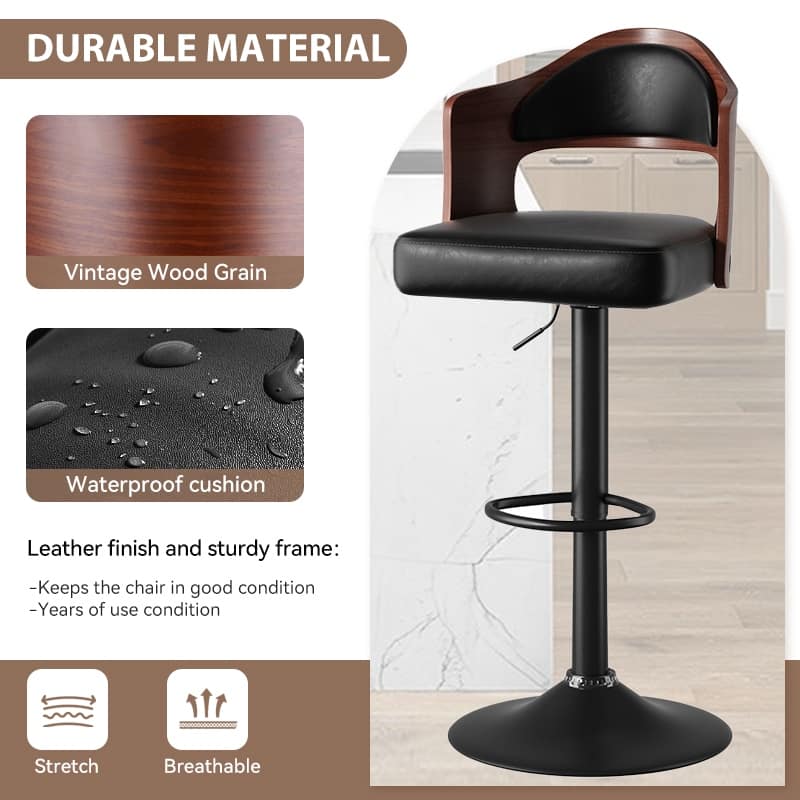 Swivel Bar Stools Set of 2 Seat Adjustable Height 24.5-33.5IN, Wooden Barstools PU Leather Upholstered Bar Chairs