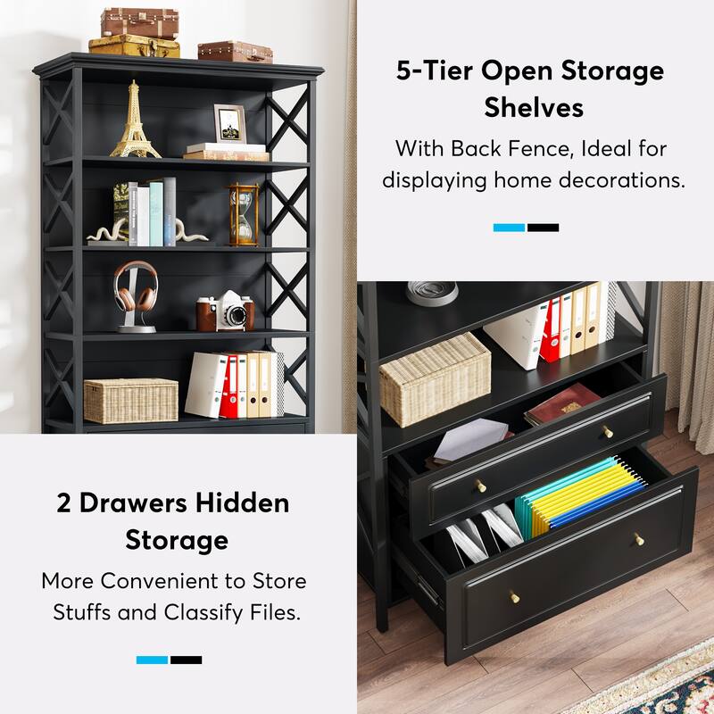 71.65 Inches Tall Bookcase Bookshelf with Drawers and Open Storage Shelves for Home Office