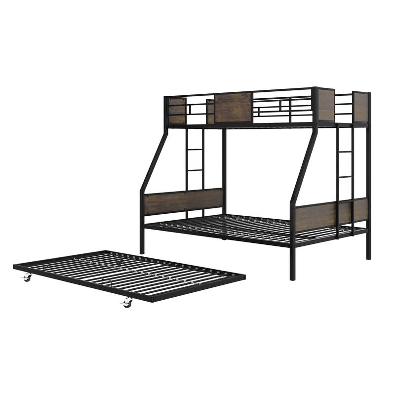 Twin Over Full Bunk Beds with Trundle, Metal Bunk Bed Frame with Safety Guardrail and 2 Ladder,Sturdy Metal Frame