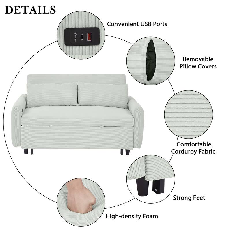 Corduroy Fabric Convertible Sofa Bed, Sleeper Sofa with Throw Pillows and USB Ports, 2 Seat Loveseat with Adjustable Backrest
