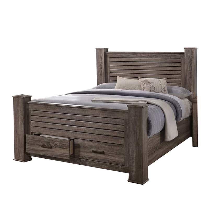Soma Queen Sized Bed with 2 Gliding Drawers, Metal Bar Handles, Oak Gray