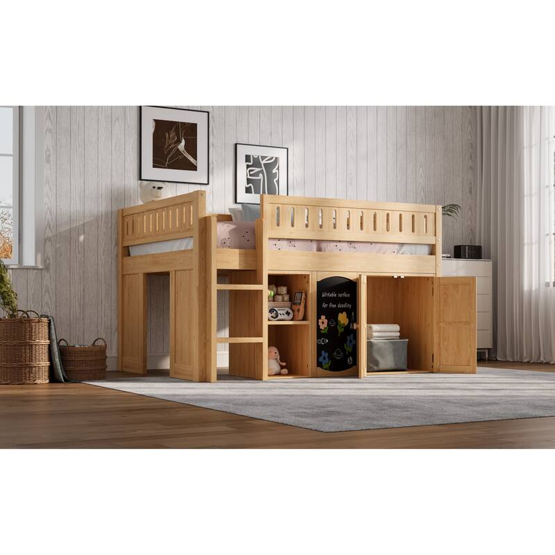 Roomfitters Full Size Loft Bed with Storage Cabinet, Open Shelves and Chalkboard Panel