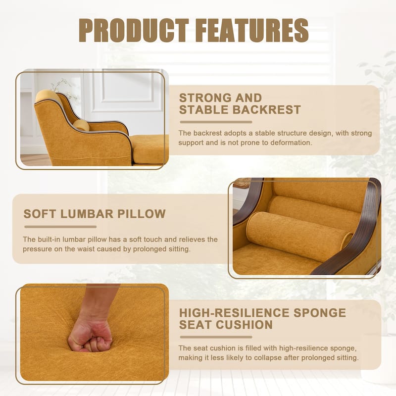 Ergonomic Chaise Lounge Indoor Chenille Single Lazy Sleeper Sofa Bed with Side Pockets, Solid Wood Armrests and Foots