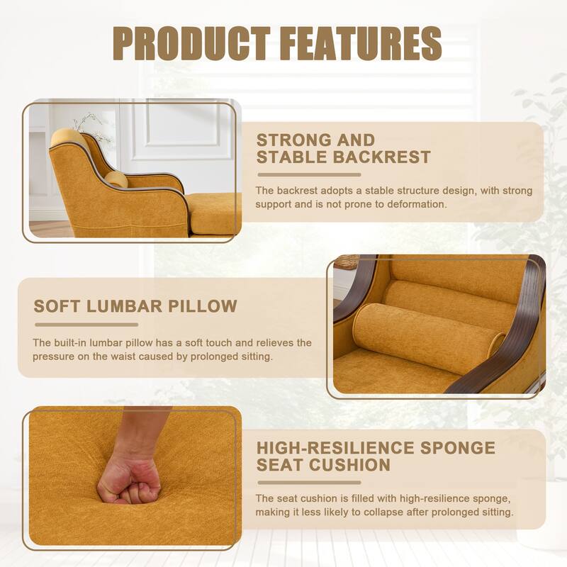 HOMEFUN Chenille Upholstered Wood Frame Oversized Chaise Lounge Single Sofa Bed with Side Pocket for Living Room,Bedroom