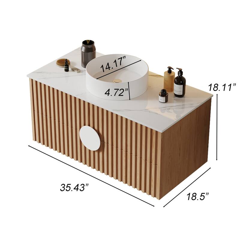 35.43" Floading Single Bathroom Vanities, with 2 Drawers, Glossy Sintered Stone Top, Light Wood