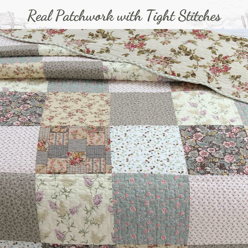 Country Cottage Floral Chic Scalloped Patchwork Cotton 3-Piece Quilt Bedding Set