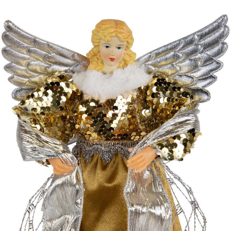 12" Metallic Bronze Silver Sequined Angel Christmas Tree Topper, Unlit