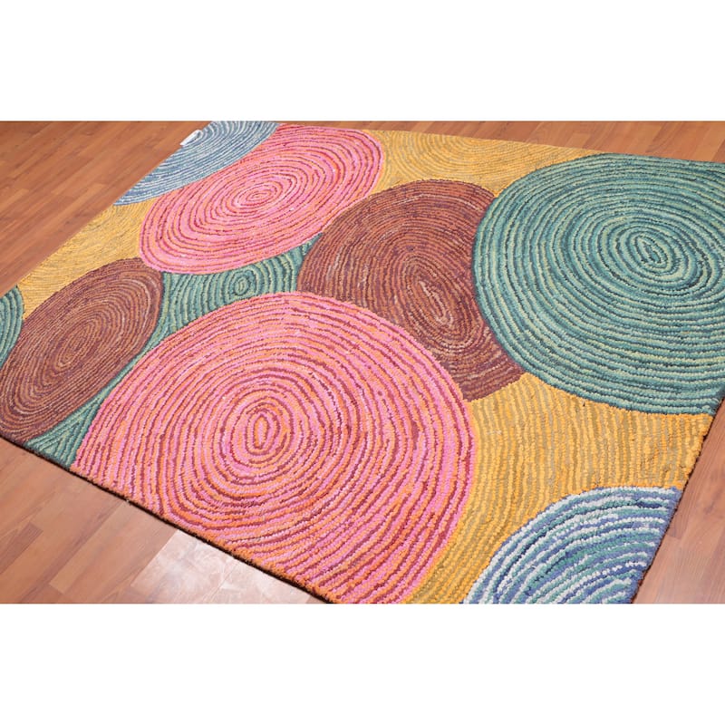 5'4x7'6 Hand Tufted Cotton Circle Medley Multi Color Cotton Area Rug Oriental Area Rug Pink, Gold Color - 5'4" x 7'6"